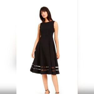 Calvin Klein Illusion-Trim Fit Flare Midi Dress in Black size 14